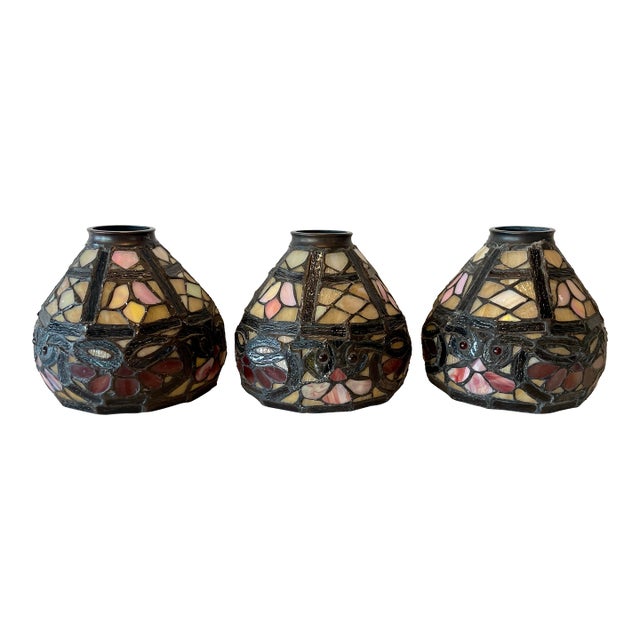 Vintage Tiffany Style Leaded Glass Stained Glass Shades for Pendant / Chandelier - Set of 3 For Sale