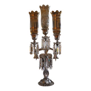 Grand C1890 French Antique Napoleon III Baccarat Crystal "Medallion" Series 3 Light Candelabra/ Candle Holder - Signed For Sale