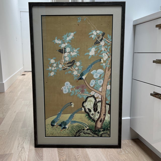 Antique Persian Painting of Birds and Flowers on Silk. Purchased from an estate. This painting was found rolled and was...