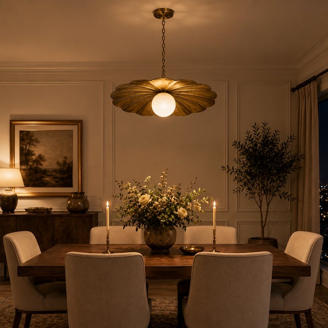 Not Yet Made - Made To Order Scalloped Brass Semi Flush Ceiling Light, Vintage Flower Pendant Fixture With Milk Glass Globe For Sale - Image 5 of 12