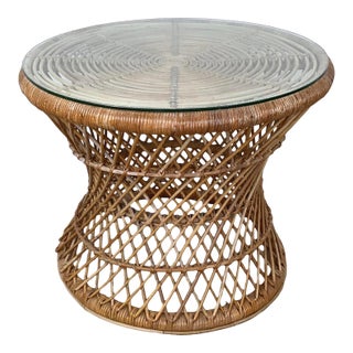 Vintage Woven Rattan Drum Table With Glass Top For Sale