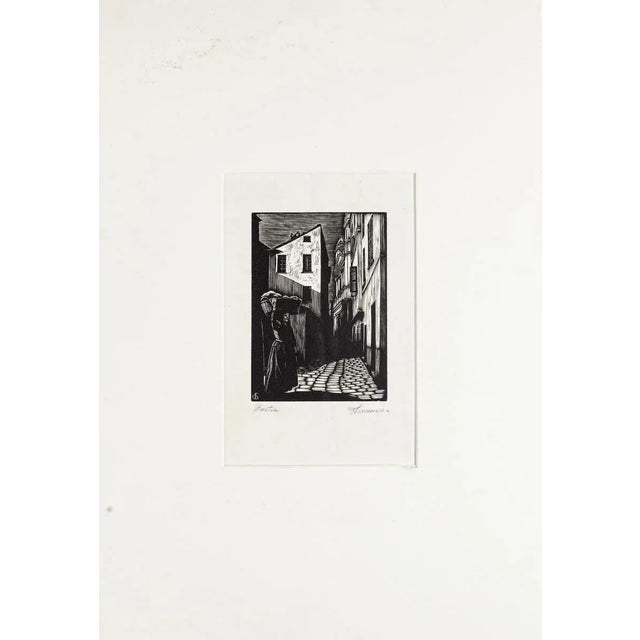 Beast is an original woodcut realized by F. Chiammari in 1960 ca. Hand-signed on the lower right margin and titled on the...