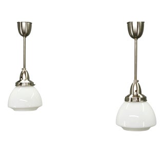 Vintage Czech Art Deco Opaline Glass and Chrome Pendant Lights, 1930s, Set of 2 For Sale