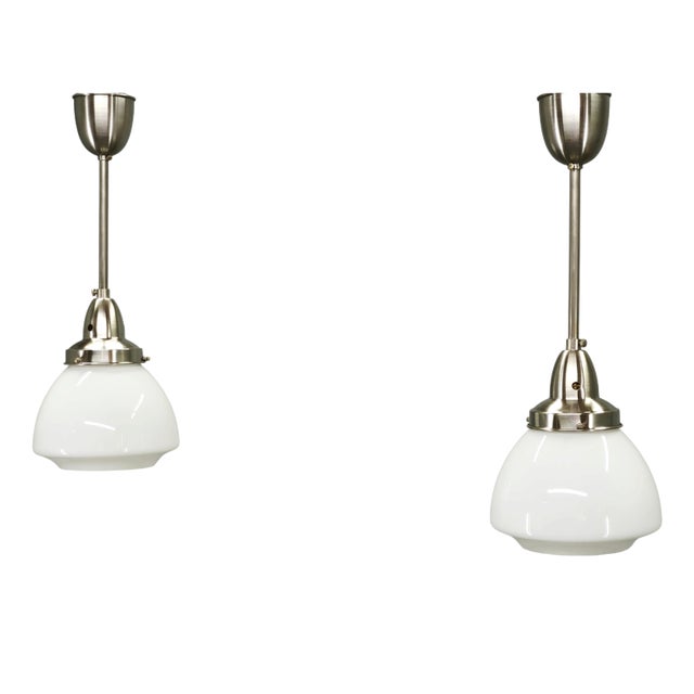 Vintage Czech Art Deco Opaline Glass and Chrome Pendant Lights, 1930s, Set of 2 For Sale