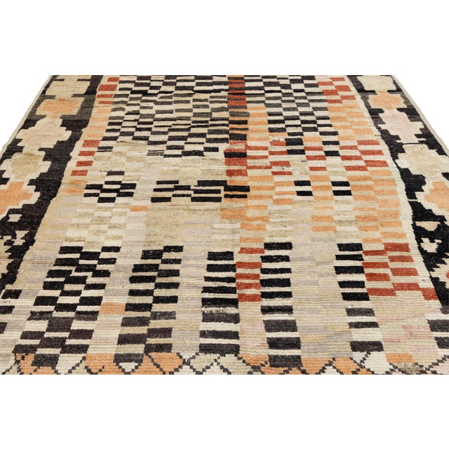Modern Handmade Moroccan Style Wool Rug - Earthy Terracotta & Charcoal Geometric For Sale - Image 9 of 12