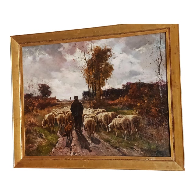 19th C. European Landscape Oil Painting With Sheep Herd and Shepherd, Luminous For Sale