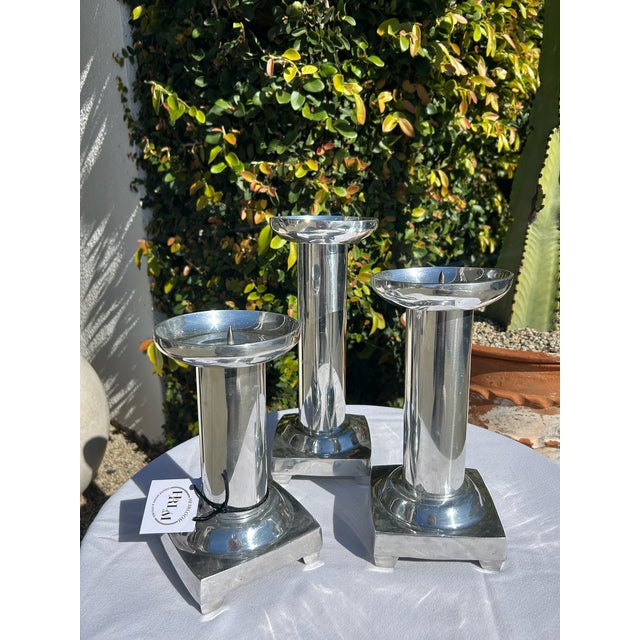 Traditional Set of Three Vintage Pewter Silver Candle Holders For Sale - Image 3 of 12