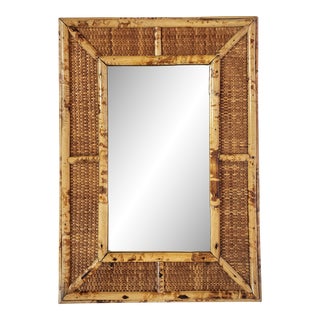 Vintage British Colonial Style Faux Bamboo & Grasscloth Wall Mirror For Sale