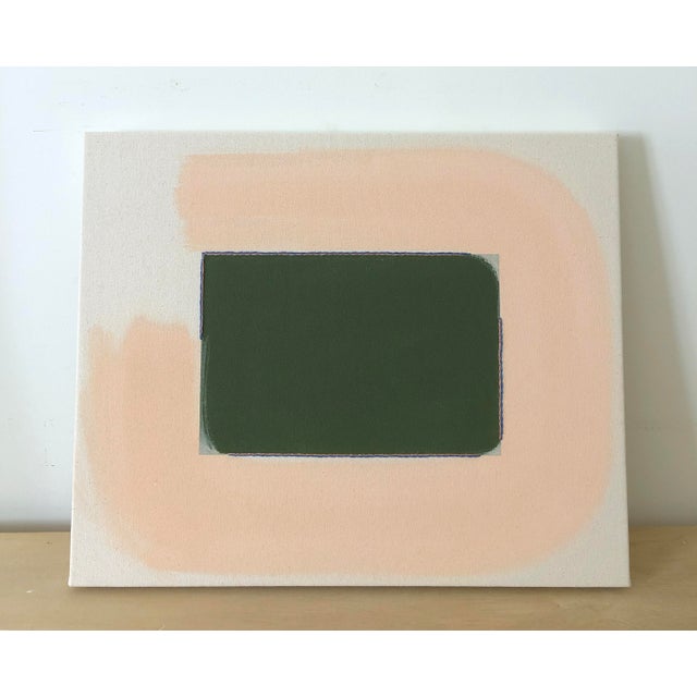 Abstract Original Painting | Dark Green and Light Peach Abstract Minimalist, 18 X 22 In. For Sale - Image 3 of 5