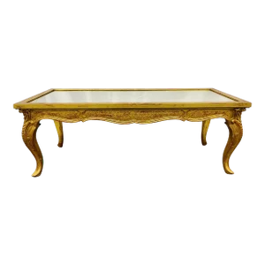 Petite Hollywood Regency Style Coffee Table, Giltwood Base, Antiqued Mirror Top