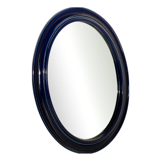 Oval Wall Mirror with Blue Ceramic Frame, 1970s For Sale