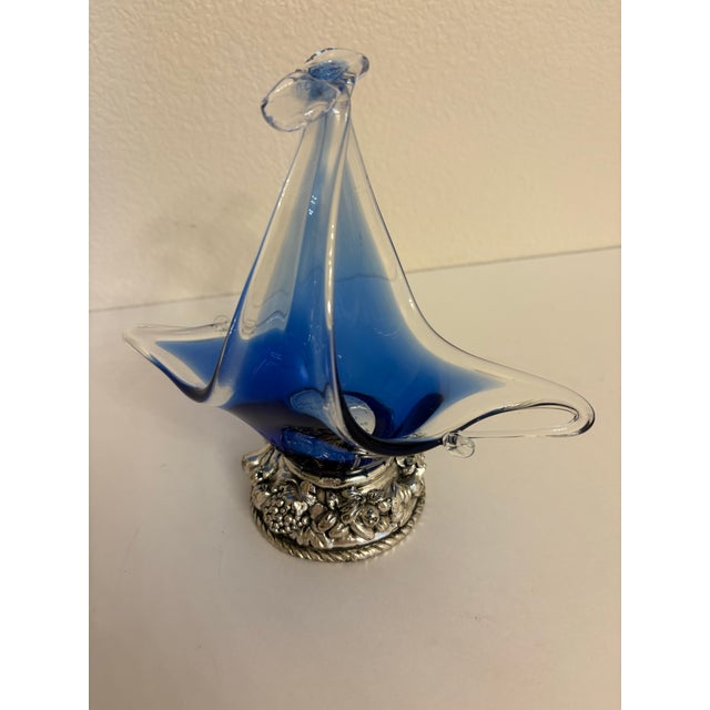 1960s 1960s Murano Style Hand Blown Glass Art Basket With Silver Base For Sale - Image 5 of 8