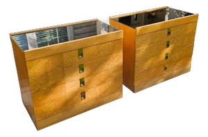 Vintage Pair of Baker Furniture Birdseye Maple Bachelor's Chests on Stands With Black Glass Tops (Attriibuted to Brian Palmer)