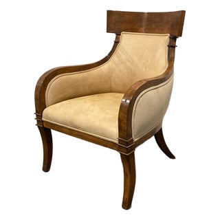 Contemporary Klismos-Gondola Armchair in Warm Walnut With Ultrasuede Upholstery For Sale