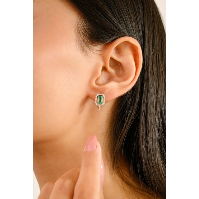 Not Yet Made - Made To Order Modern Art Deco Emerald Earrings With Diamonds in 14k Gold- A Pair For Sale - Image 5 of 10