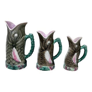 19th Century Majolica Set of 3 Graduated Fish Pitchers For Sale