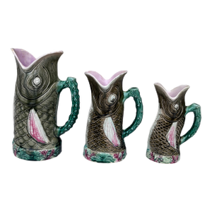 19th Century Majolica Set of 3 Graduated Fish Pitchers