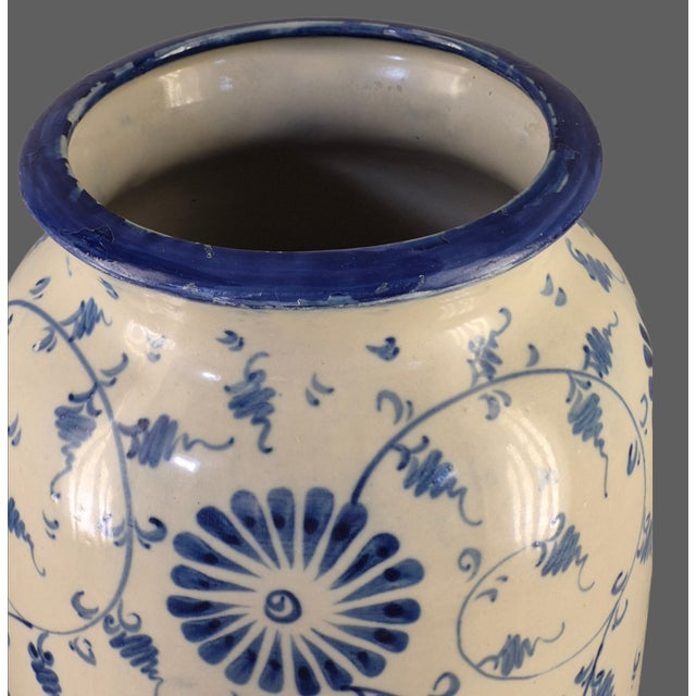 Late 20th Century Vintage Pottery Blue & White Hand Painted Floral 17.5'' Tall Floor Table Vase For Sale - Image 5 of 13