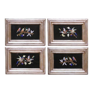 Mid-Century Italian Pietra Dura Bird Wall Plaques in Silvered Frames, Set of 4 For Sale
