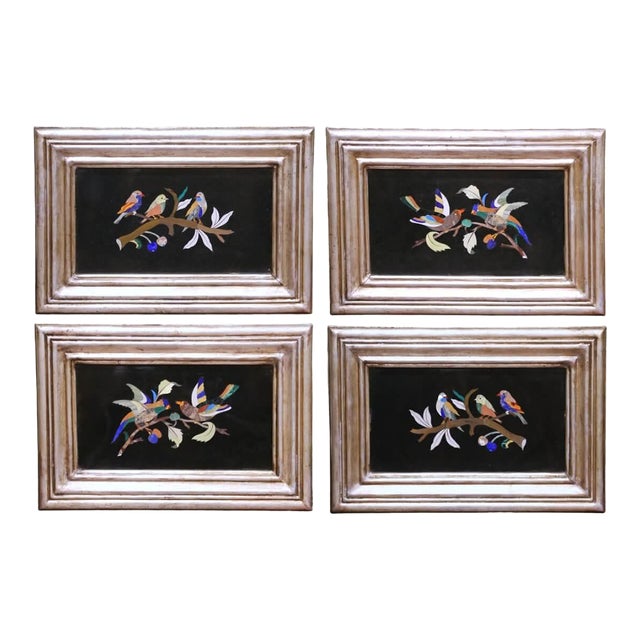 Mid-Century Italian Pietra Dura Bird Wall Plaques in Silvered Frames, Set of 4 For Sale