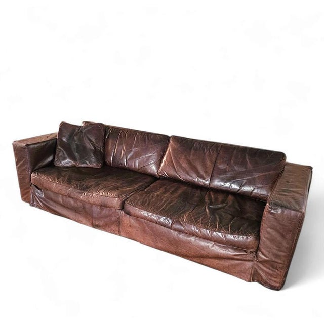 Large Loose Cover Brown Leather Lounge Sofa, 1970s For Sale - Image 10 of 18