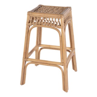 Antigua 30.25 in. Seat Height Square Rattan Bar Stool with Footrest, Natural Rattan For Sale