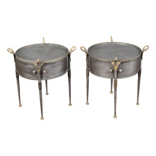 Pair of Trouvailles Metal and Brass Side Tables with Swan Necks and Doors For Sale