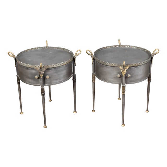 Pair of Trouvailles Metal and Brass Side Tables with Swan Necks and Doors For Sale