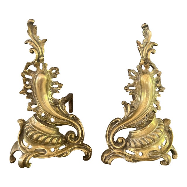 French Louis XV Rococo Style Brass Andirons For Sale