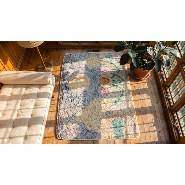 Splendid Sky-Blue Color With Unique Celestial Pattern Antique American Hooked Rug For Sale - Image 12 of 13