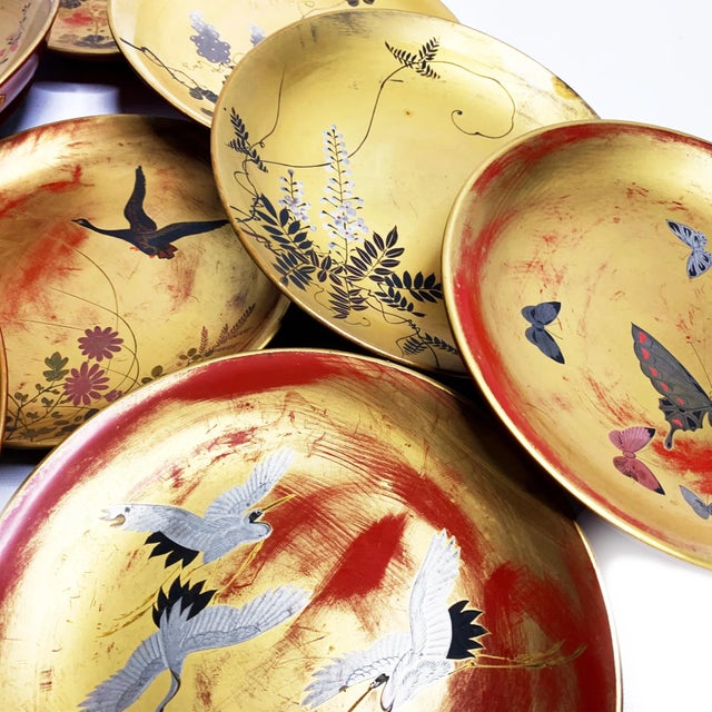 Vintage early mid century set of 8 Japanese hand painted lacquered plates. These plates were hand made in japan with hand...