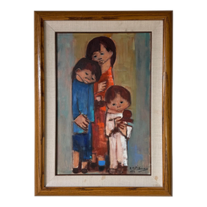 1977 Vintage H. Stiemany Impressionist Family With Children Oil on Canvas Painting