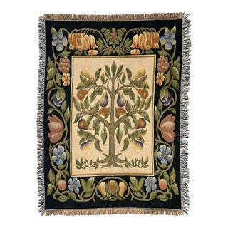 Vintage Folk Art Style Tapestry Fringed Throw Blanket For Sale
