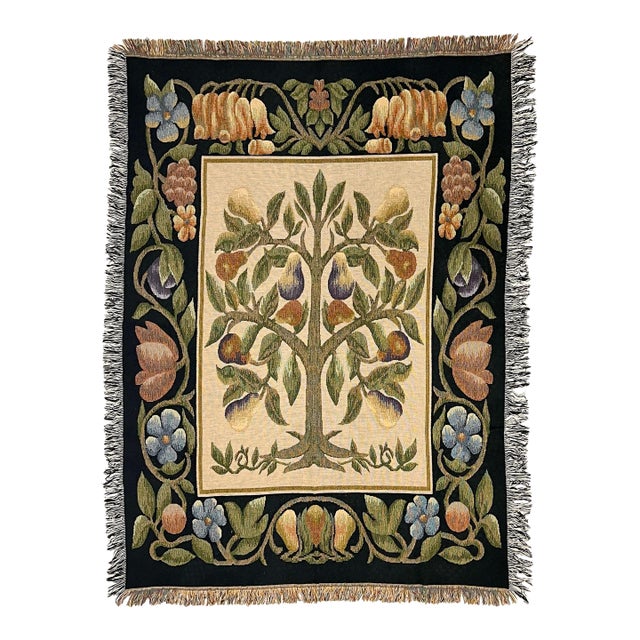 Vintage Folk Art Style Tapestry Fringed Throw Blanket For Sale