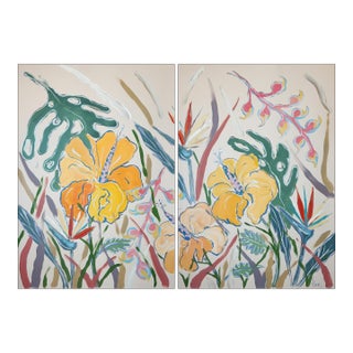 2026, Illustration Style Diptych of Tropical Hibiscus Garden, Botanical Painting on Paper by Romina Milano For Sale