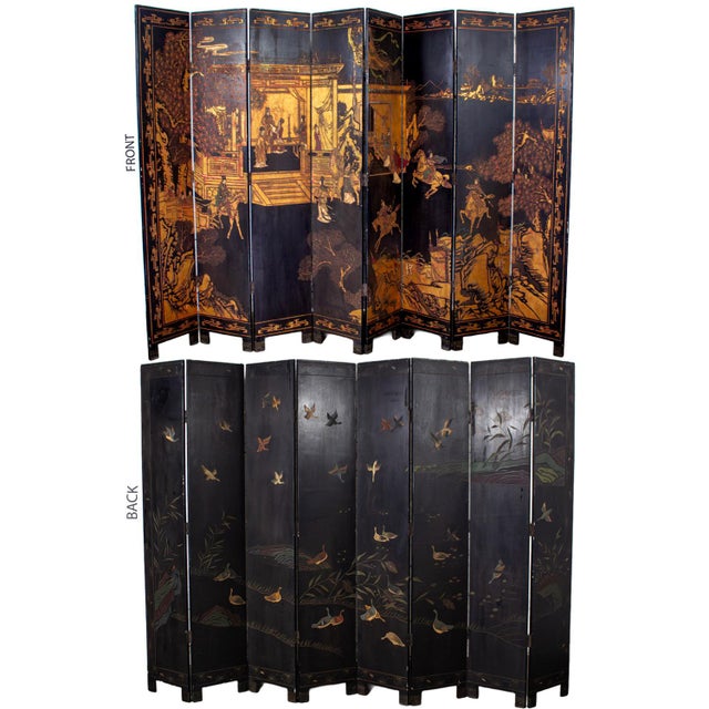 Wood Chinese 8 Panel Black Coromandel Folding Screen W/Gilded & Hand Painted Intaglio Designs For Sale - Image 7 of 18
