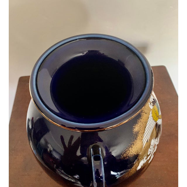 1970s Cobalt Blue Japanese Hand Painted Kutani Porcelain Vase With Crane, Flower and Turtle Design For Sale - Image 5 of 9