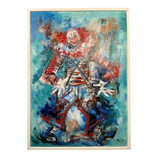 1969 Elena Castellanos (1929-2000) Oil on Board Clown Painting 28"x20" For Sale