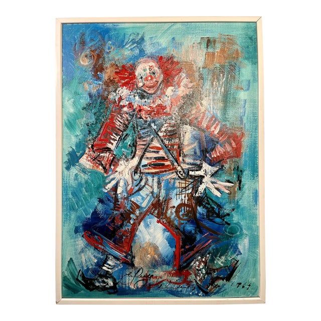 1969 Elena Castellanos (1929-2000) Oil on Board Clown Painting 28"x20" For Sale