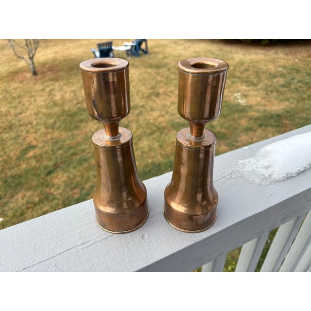 Beautifully constructed and formed Artisan Copper Candlesticks. Present as Arts & Crafts and/or Deco era - likely American...
