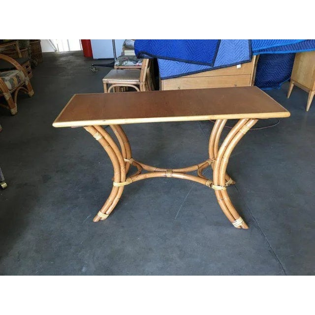 1950s 1950s Restored Rattan "Hour Glass" Sofa/Console Table With Mahogany Top For Sale - Image 5 of 6