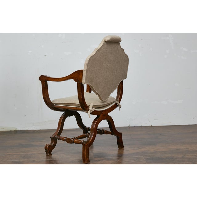 Italian 19th Century Walnut Curule Upholstered Armchair with Carved X-Form Base For Sale - Image 10 of 12