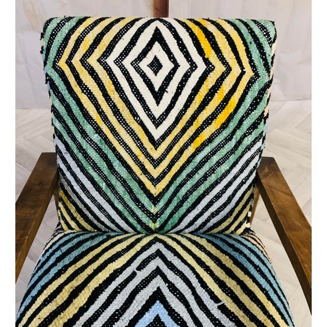 Wood Handmade Moroccan Walnut Wood Chair with Boucherouite Rug Upholstery For Sale - Image 7 of 9