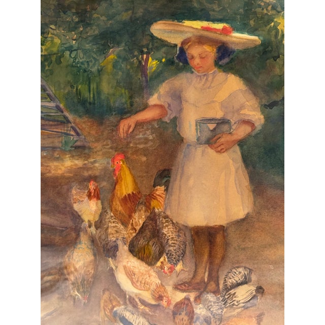 19th Century French Impressionist Watercolor Painting of a Girl With Chickens For Sale - Image 9 of 10