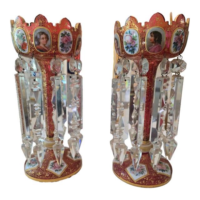 Antique Bohemian Glass Moser Ruby Cranberry Lustres- a Pair For Sale