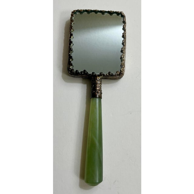 Antique Chinese Porcelain Hand Mirror With Green Jade Handle – Children at Play For Sale - Image 4 of 4