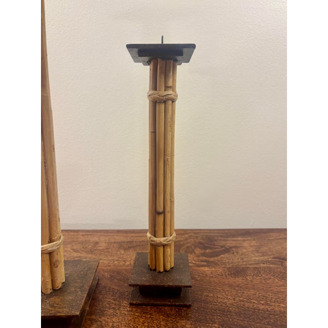 1980s Vintage Coastal Bamboo, Cane & Steel Architectural Candlesticks - Pair For Sale - Image 5 of 5