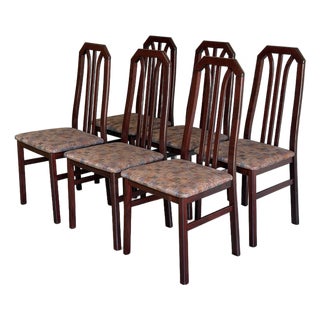 Dark Wood High-Back Upholstered Dining Chairs Set of 6 Mid-Century Modern For Sale