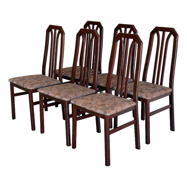 Dark Wood High-Back Upholstered Dining Chairs Set of 6 Mid-Century Modern For Sale