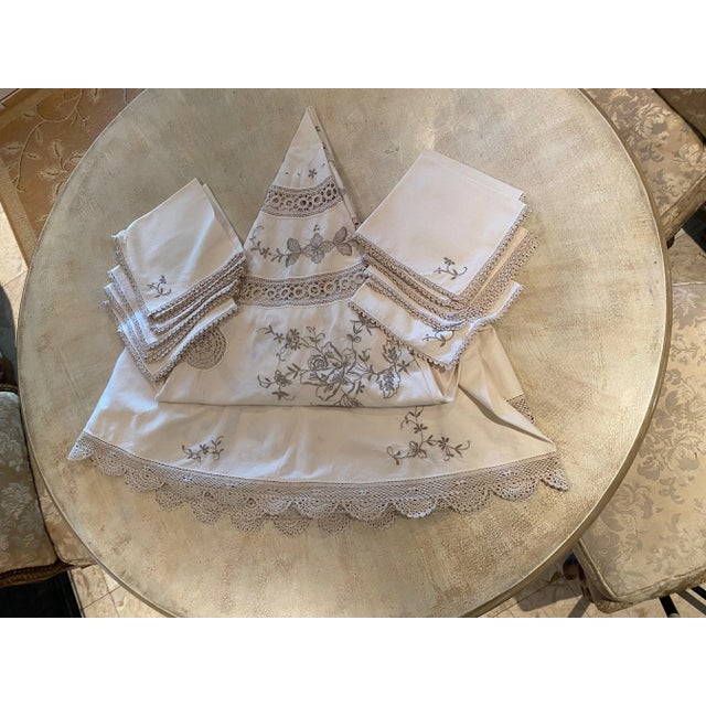1960s Embroidered Cream & Ecru Round Madeira Lace Table Cloth & Napkins Set- 13 Pieces For Sale - Image 13 of 13